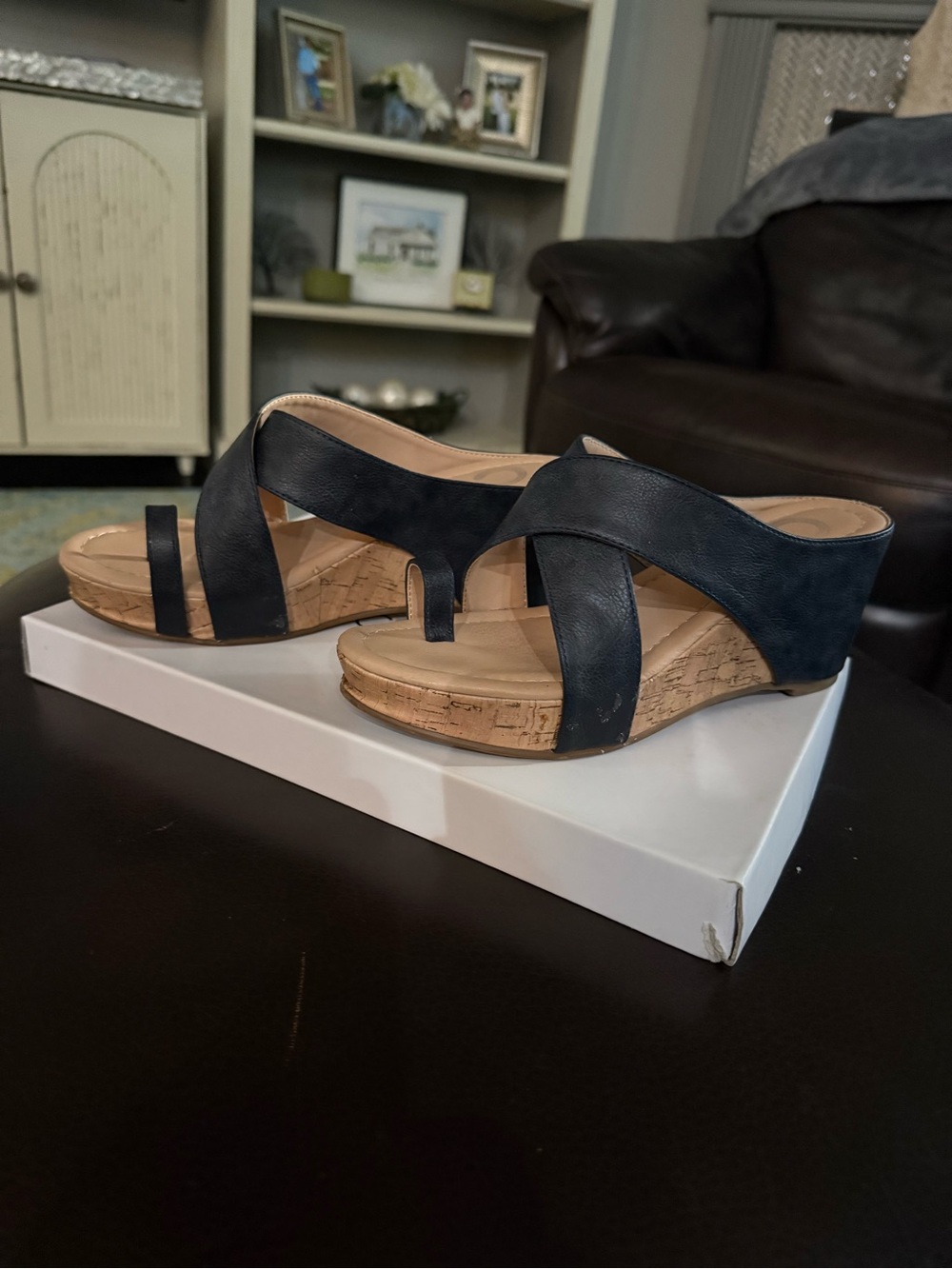 Women's Navy Wedge Toe-Loop Sandals with Cork-Effect Sole
